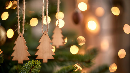 Elegant Wooden Christmas Tree Decorations Hanging on a Pine Branch with Warm Festive Lights in the...