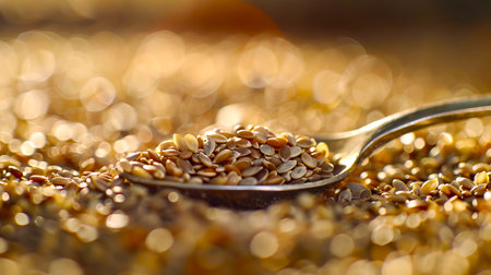 Pile of golden flax seeds in a metallic spoon on a blurred golden bokeh background. Concept of...