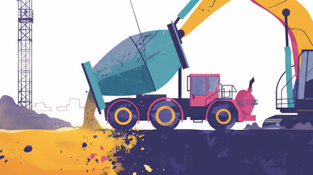 Colorful Illustration of a Concrete Mixer Pouring Concrete at a Construction Site. Concept of Urban Development, Industrial Machinery, Construction Progress, and Infrastructure.の写真素材