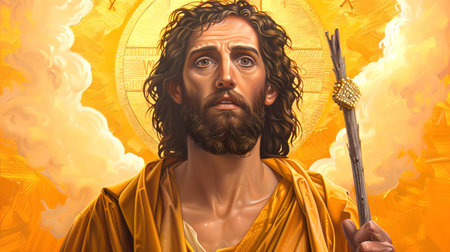 Oil painting of Saint John the Baptist holding a staff, surrounded by golden light and a celestial...