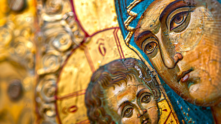 Close-up of a beautifully detailed religious icon depicting Mary and the child Jesus Christ with...