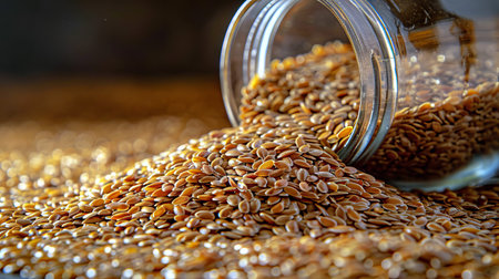 Glass Jar of Flax Seeds with Lid Off, Highlighting Healthy Eating, Organic Nutrition, and Plant-Based Diet Concepts. Copy space.の写真素材