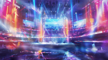 Watercolor Illustration of Futuristic Concert Stage with Vibrant Neon Lights and Holographic Displays. Concept of Modern Entertainment, Vibrant Light Shows, Music Festivals, Spectacular Stage Design.の写真素材
