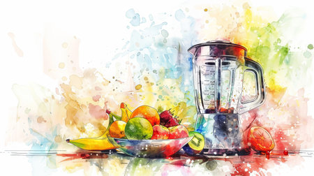 Vibrant Watercolor Illustration of Fresh Fruits and Modern Blender in a Kitchen Setting. Concept of Healthy Eating, Fresh Ingredients, Kitchen Art, and Colorful Lifestyle. Copy space.の写真素材