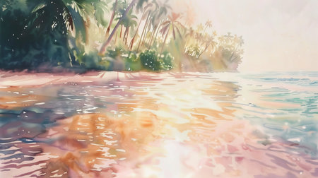 Watercolor Illustration of a Serene Tropical Beach at Sunset with Palm Trees and Gentle Waves on the Shoreline. Concept of Coastal Tranquility, Paradise Escape, Nature's Beauty, and Peaceful Retreat.の写真素材