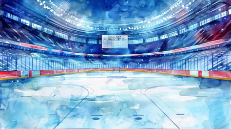 Watercolor Illustration of an Empty Hockey Arena Featuring Bright Lights and Ice Rink Ambiance.の写真素材