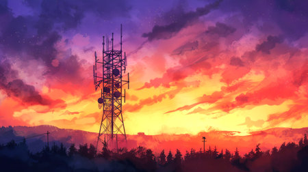 Vibrant Watercolor Illustration of an Internet Tower at Sunset, Concept of Digital Connectivity, Evening Serenity, Technology in Nature, and Scenic Beauty.の写真素材