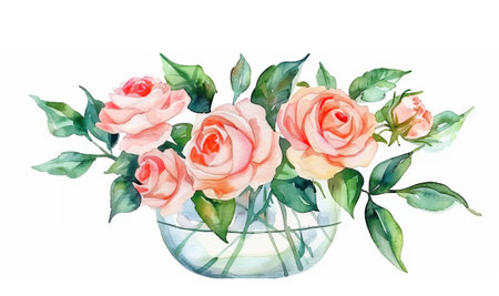 Elegant Watercolor Illustration of Pink Rose Bouquet in Vase. Concept of Floral Art, Botanical Beauty, Nature's Elegance, Delicate Blooms.の写真素材