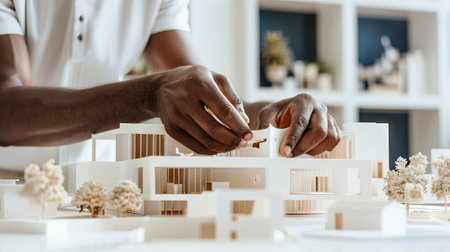 Focused African American Male Architect Engaging in Model Construction Concept of Precision Design...