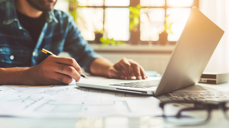 Close-Up of Male Architect Focusing on Work at Desk with Laptop and Blueprints. Concept of Creative Design, Professional Focus, Architectural Planning, and Vision.の写真素材