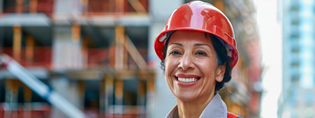 Smiling female architect in hard hat at construction site with blurred background of scaffolding and...