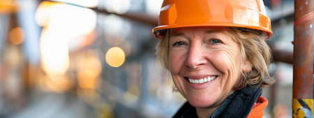 Smiling mature woman architect with hard hat at construction site. Concept of female construction...