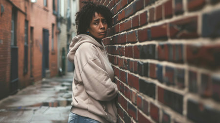 Sad and lonely African American woman leaning against brick wall in narrow urban alley wearing hoodie and looking forlorn. Concept of solitude, emotional struggle, introspection, Emotional Reflection.の写真素材