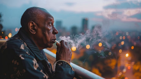 Sad and thoughtful elderly African American man smoking cigarette on Cityscape Balcony at night with...
