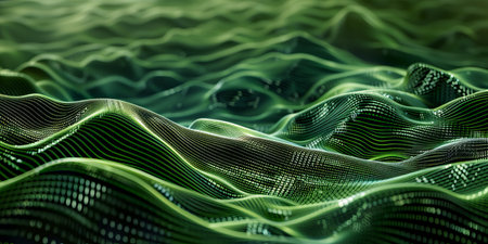 Abstract Green Wave Flow with dotted texture on Dark Background. Concept of Digital Technology, Modern Design, and Futuristic Patterns.の写真素材
