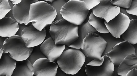 Elegant Black and White Rose Petals Spread in Chaotic Arrangement. Concept of Natural Beauty,...