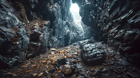 Narrow Rocky Cave Passageway with Jagged Rocks and Subtle Sunlight. Concept of Natural Exploration, Adventurous Journey, Geological Features, and Rugged Terrain.の写真素材