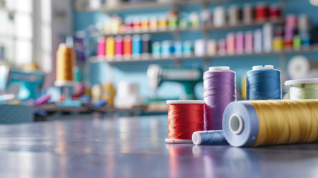 Colorful Spools of Thread Arranged on a Bright Surface. Concept of Sewing, Creativity, Textile Art, and Crafting Materials. Copy space.の写真素材