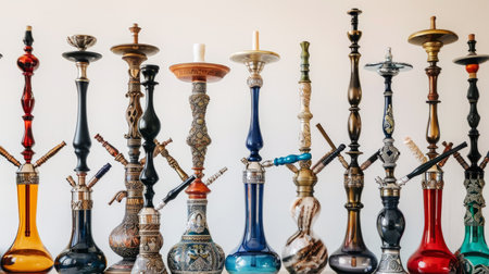 Full-length photo of multiple hookahs with intricate designs and vibrant colors. Concept of traditional smoking devices, Middle Eastern culture, artistic craftsmanship.の写真素材