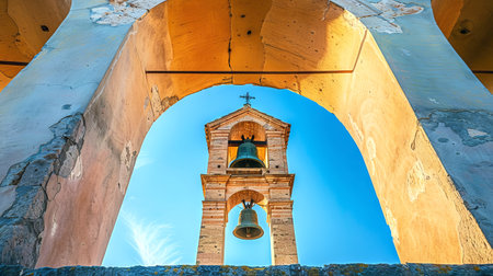 Architecture of a Historic Church Bell Tower Framed by Stone Arches. Concept of Religious Landmarks,...
