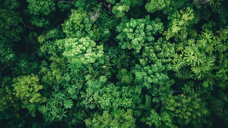 Aerial view of a dense canopy forest. Concept of natural landscape, evergreen trees, lush green foliage, nature top view. Ecology, environment, conservation. Background.の写真素材