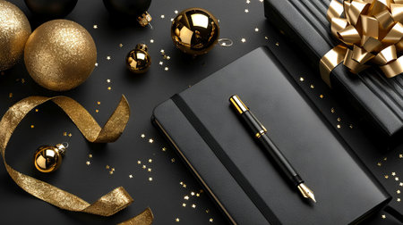 Luxurious Flat Lay of Black Notebook with Gold Pen and Holiday Ornaments on dark backdrop. Concept of Elegance Celebrations and Festive Writing. Christmas background with copy space.の写真素材