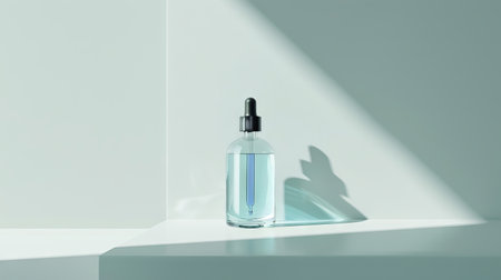 Clear serum bottle with dropper in a minimalist setting. Empty mockup for beauty product presentation with copy space. Concept of skincare, beauty routine, modern elegance, and product design.の写真素材