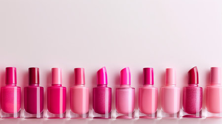 Vibrant Pink Nail Polish Bottles in a Gradient Display. Concept of Beauty, Fashion, Self-care, and Color Variety in Cosmetics. Copy space.の写真素材
