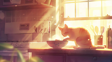 Watercolor Art of a Content Cat Enjoying a Morning Meal in Sunlit Kitchen. Concepts of Domestic Bliss, Cozy Home, Serene Atmosphere, Peaceful Morning.の写真素材