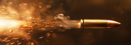 Close-Up of a Flying Bullet with Sparks and Smoke Trail. Concept of Ammunition, Firearms,...