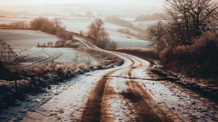 Serene Rural Road Covered in Snow with Frost-Covered Trees. Concept of Winter Landscape, Tranquil...