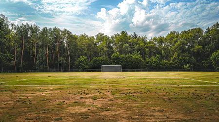 Serene Empty Soccer Field Surrounded by Tall Trees on a Cloudy Day. Concept of Tranquility in Nature, Outdoor Sports, and Peaceful Landscapes.の写真素材