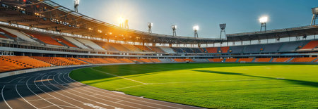 Radiant Empty Sports Stadium with Orange Seats at Sunset Concept of Athletic Venues, Event...