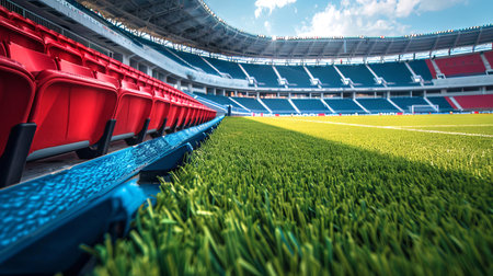 Empty Sports Stadium Featuring Red and Blue Seats and Green Field Turf Under a Sunny Sky. Concept of...