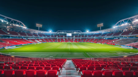 Empty Sports Stadium with Bright Lights and Red Seats at Night. Concept of Athletic Arenas, Event Preparation, Urban Architecture, Soccer Field, and Nighttime Ambiance.の写真素材