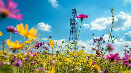 Internet Tower in a Vibrant Wildflower Field Under a Blue Sky: Concept of Technology, Nature, Connectivity, and Rural Urbanization.の写真素材