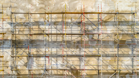 Scaffolding against a beige wall with shadows and textured patterns, highlighting construction and restoration work. Concept of building maintenance, renovation, and structural support.の写真素材