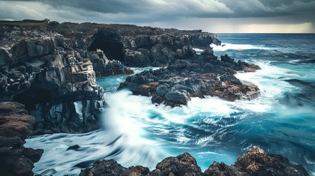 Dramatic Rocky Coastal Landscape with Cliffs and Ocean Waves Highlighting Nature's Raw Beauty and...