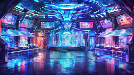 Futuristic Theater Stage with Neon Lights in a Sci-Fi Setting Art. Concept of Modern Entertainment, Technological Advancements, and Immersive Performances in a Digital Era.の写真素材