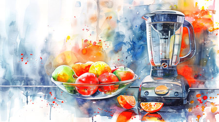 Vibrant Watercolor Art of Fresh Fruit and Modern Blender in Kitchen Setting Concept of Healthy Living, Kitchen Essentials, and Culinary Creativity. Copy space.の写真素材