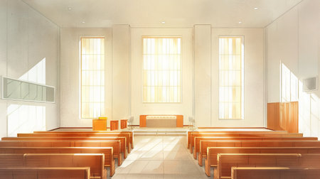 Watercolor Illustration of a Modern Church Interior with Wooden Pew Benches and Sunlight Streaming Through Tall Windows. Concept of Spiritual Serenity, Architectural Beauty, Tranquil Worship Space.の写真素材