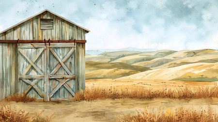 Watercolor Illustration of a Rustic Barn Door in a Serene Countryside Setting. Concept of Rural Tranquility, Country Living, Pastoral Landscapes, and Agricultural Charm.の写真素材