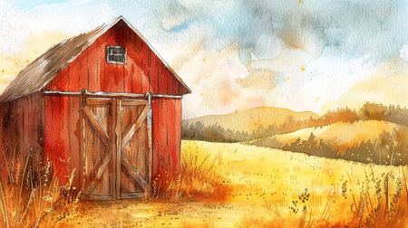 Rustic Red Barn in Countryside Watercolor Illustration. Concept of Rural Tranquility, Farmland Scenery, Historic Architecture, Peaceful Landscape.の写真素材