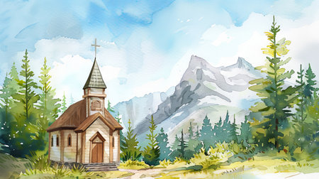 Watercolor Illustration of a Charming Chapel Amidst Majestic Mountain Landscape and Lush Pine Forest.の写真素材