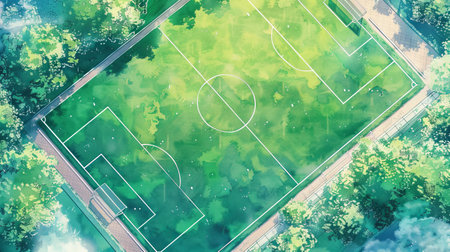 Watercolor Illustration of a Soccer Field from Above Surrounded by Trees. Concept of Sports, Team Spirit, Aerial View, and Nature in Harmony.の写真素材