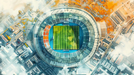 Watercolor Illustration of a Sports Stadium from Above Showcasing Urban Architecture, Vibrant Colors, and Athletic Spirit. Soccer Field.の写真素材