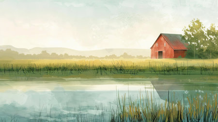 Watercolor Art of a Tranquil Farm Landscape with a Red Barn by a Serene Pond. Concept of Rural Serenity, Countryside Beauty, Peaceful Nature, and Rustic Tranquility.の写真素材