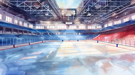 Watercolor Art of an Empty Hockey Arena with Sunlight Streaming Through Windows. Concept of Sports Venues, Calm Before the Game, Architectural Beauty, Quiet Reflection.の写真素材