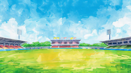 Watercolor Art of an Empty Sports Stadium under a Sunny Sky Concept of Peaceful Ambiance, Athletic Venues, and Tranquility. Soccer Field.の写真素材