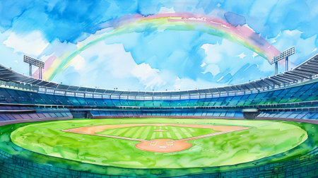 Vibrant Watercolor Stadium with Green Baseball Field and Rainbow Arching Overhead. Concept of Sports Venues, Athletic Adventures, Nature's Beauty, and Dreamlike Scenes. Soccer Field.の写真素材